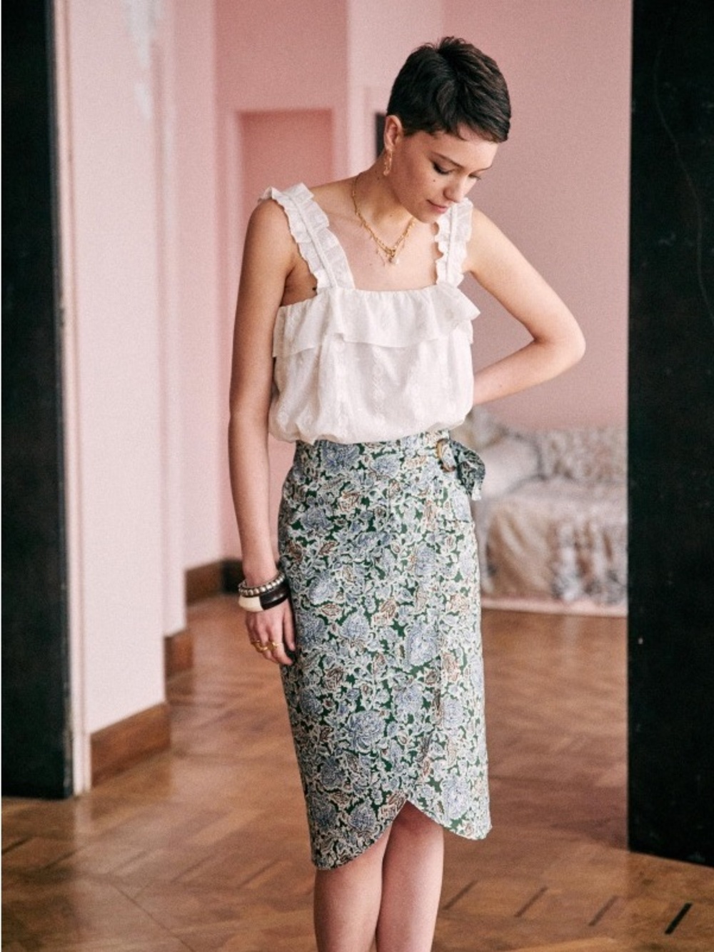 Sezane Floral Wrap Midi Skirt in Green